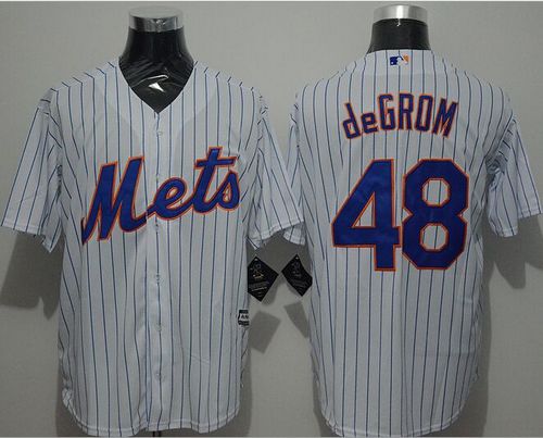Mets #48 Jacob DeGrom White(Blue Strip) New Cool Base Stitched MLB Jersey - Click Image to Close